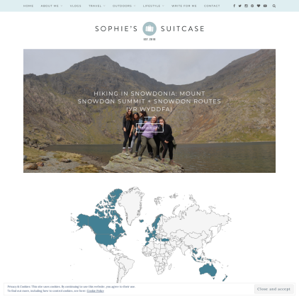 A detailed screenshot showcasing the homepage of sophiessuitcase.com, highlighting its main features and design elements.