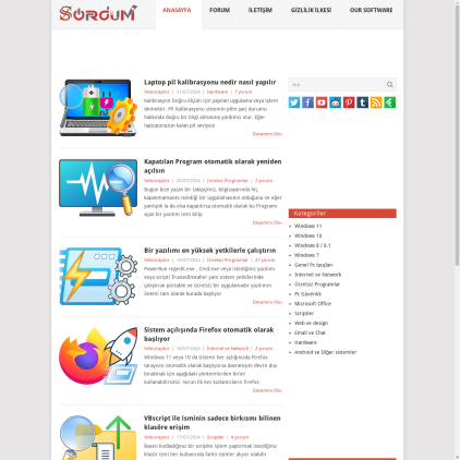 A detailed screenshot showcasing the homepage of sordum.net, highlighting its main features and design elements.