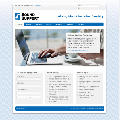 A detailed screenshot showcasing the homepage of soundsupport.biz, highlighting its main features and design elements.