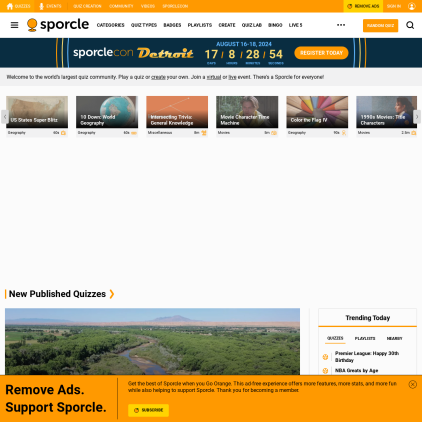 A detailed screenshot showcasing the homepage of sporcle.com, highlighting its main features and design elements.