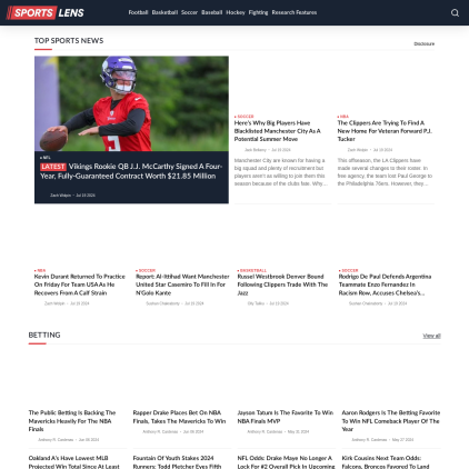 A detailed screenshot showcasing the homepage of sportslens.com, highlighting its main features and design elements.