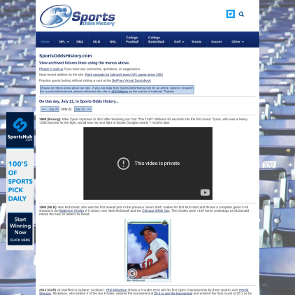 A detailed screenshot showcasing the homepage of sportsoddshistory.com, highlighting its main features and design elements.