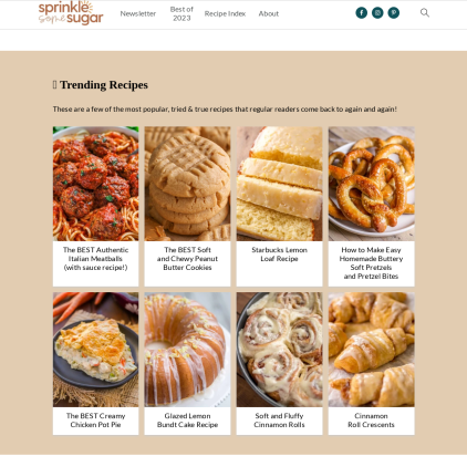 A detailed screenshot showcasing the homepage of sprinklesomesugar.com, highlighting its main features and design elements.