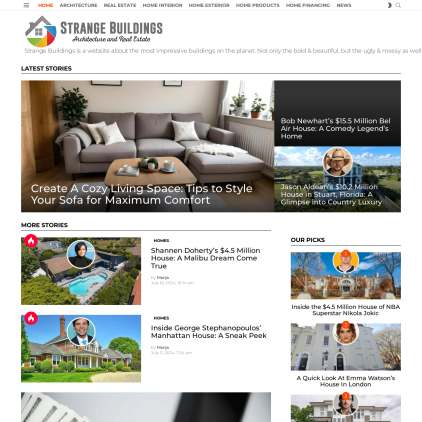 A detailed screenshot showcasing the homepage of strangebuildings.com, highlighting its main features and design elements.