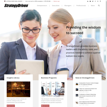 A detailed screenshot showcasing the homepage of strategydriven.com, highlighting its main features and design elements.