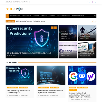 A detailed screenshot showcasing the homepage of stuffinpost.com, highlighting its main features and design elements.