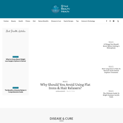 A detailed screenshot showcasing the homepage of stylebeautyhealth.com, highlighting its main features and design elements.