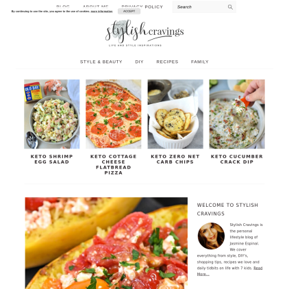 A detailed screenshot showcasing the homepage of stylishcravings.com, highlighting its main features and design elements.