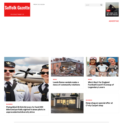 A detailed screenshot showcasing the homepage of suffolkgazette.com, highlighting its main features and design elements.