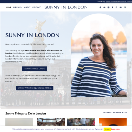 A detailed screenshot showcasing the homepage of sunnyinlondon.com, highlighting its main features and design elements.