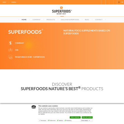 A detailed screenshot showcasing the homepage of superfoods.eu, highlighting its main features and design elements.