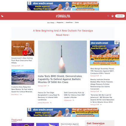 A detailed screenshot showcasing the homepage of swarajyamag.com, highlighting its main features and design elements.