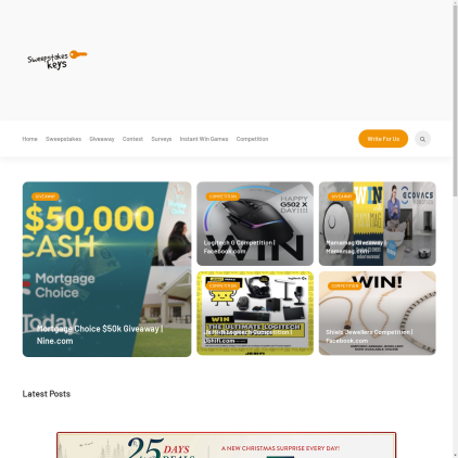 A detailed screenshot showcasing the homepage of sweepstakeskeys.com, highlighting its main features and design elements.