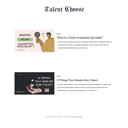 A detailed screenshot showcasing the homepage of talentchoose.net, highlighting its main features and design elements.