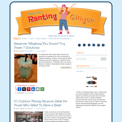 A detailed screenshot showcasing the homepage of talesofarantingginger.com, highlighting its main features and design elements.