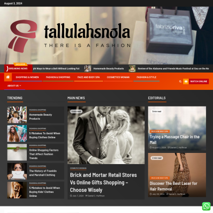 A detailed screenshot showcasing the homepage of tallulahsnola.com, highlighting its main features and design elements.