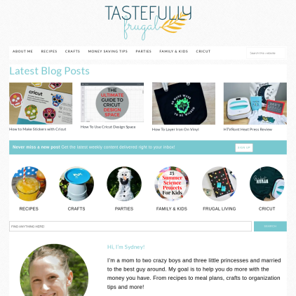 A detailed screenshot showcasing the homepage of tastefullyfrugal.org, highlighting its main features and design elements.