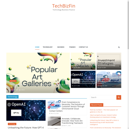 A detailed screenshot showcasing the homepage of techbizfin.com, highlighting its main features and design elements.