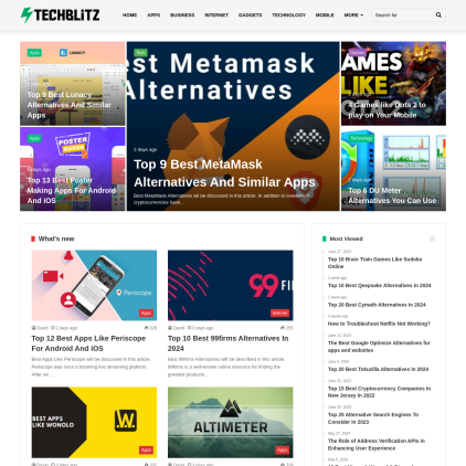 A detailed screenshot showcasing the homepage of techblitz.org, highlighting its main features and design elements.