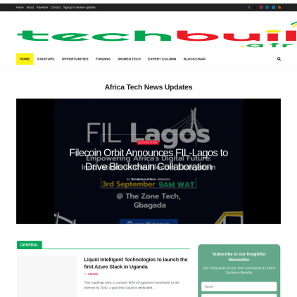 A detailed screenshot showcasing the homepage of techbuild.africa, highlighting its main features and design elements.
