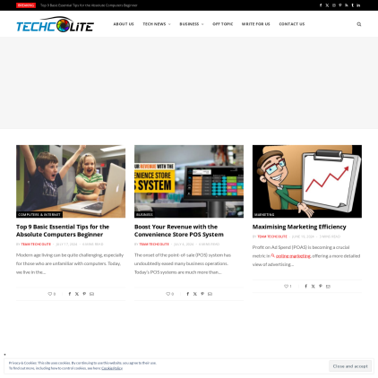 A detailed screenshot showcasing the homepage of techcolite.com, highlighting its main features and design elements.