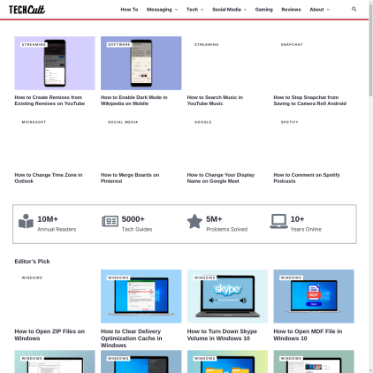 A detailed screenshot showcasing the homepage of techcult.com, highlighting its main features and design elements.