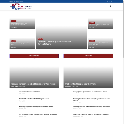 A detailed screenshot showcasing the homepage of techcults.com, highlighting its main features and design elements.