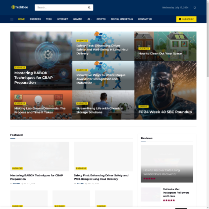 A detailed screenshot showcasing the homepage of techdee.com, highlighting its main features and design elements.