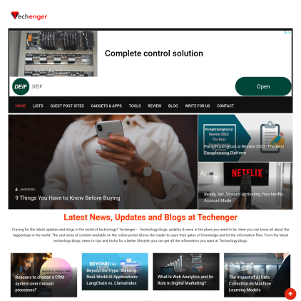 A detailed screenshot showcasing the homepage of techenger.com, highlighting its main features and design elements.
