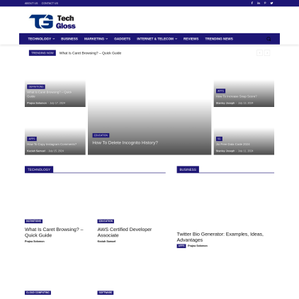 A detailed screenshot showcasing the homepage of techgloss.com, highlighting its main features and design elements.