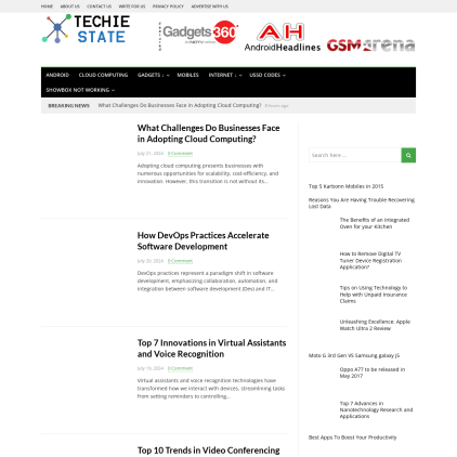 A detailed screenshot showcasing the homepage of techiestate.com, highlighting its main features and design elements.