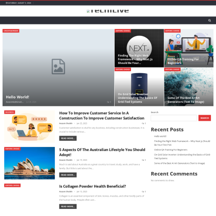 A detailed screenshot showcasing the homepage of techilive.in, highlighting its main features and design elements.