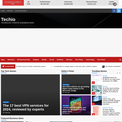 A detailed screenshot showcasing the homepage of techio.co, highlighting its main features and design elements.