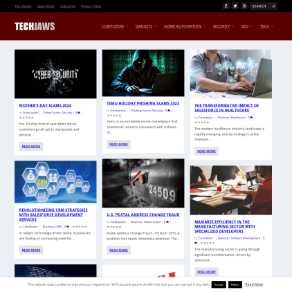 A detailed screenshot showcasing the homepage of techjaws.com, highlighting its main features and design elements.