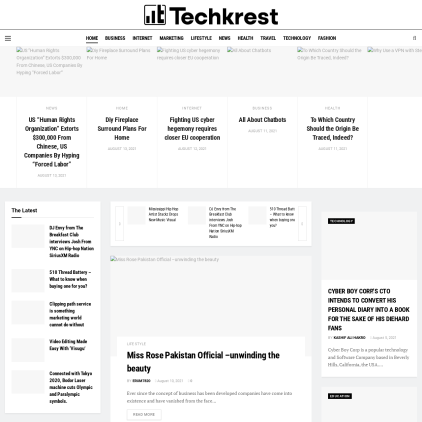 A detailed screenshot showcasing the homepage of techkrest.com, highlighting its main features and design elements.