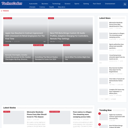 A detailed screenshot showcasing the homepage of technocodex.com, highlighting its main features and design elements.