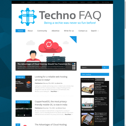 A detailed screenshot showcasing the homepage of technofaq.org, highlighting its main features and design elements.