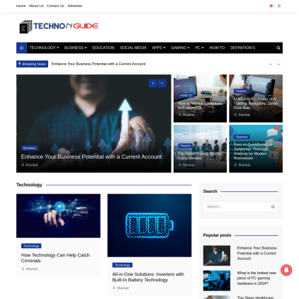 A detailed screenshot showcasing the homepage of technonguide.com, highlighting its main features and design elements.