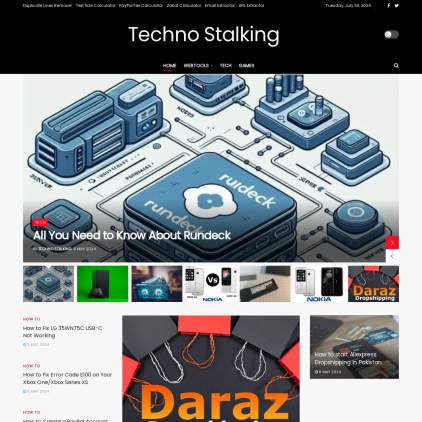 A detailed screenshot showcasing the homepage of technostalking.com, highlighting its main features and design elements.