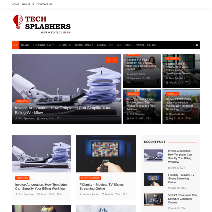 A detailed screenshot showcasing the homepage of techsplashers.com, highlighting its main features and design elements.