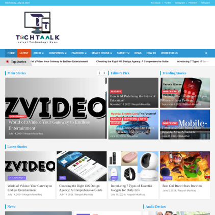 A detailed screenshot showcasing the homepage of techtaalk.com, highlighting its main features and design elements.