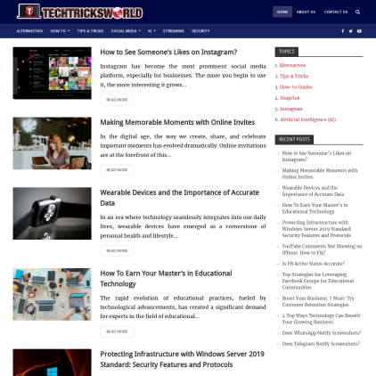 A detailed screenshot showcasing the homepage of techtricksworld.com, highlighting its main features and design elements.