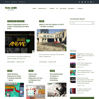 A detailed screenshot showcasing the homepage of techyjungle.com, highlighting its main features and design elements.