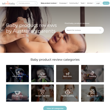 A detailed screenshot showcasing the homepage of tellmebaby.com.au, highlighting its main features and design elements.