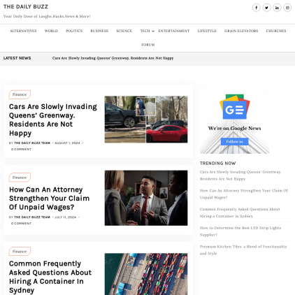 A detailed screenshot showcasing the homepage of the-daily.buzz, highlighting its main features and design elements.