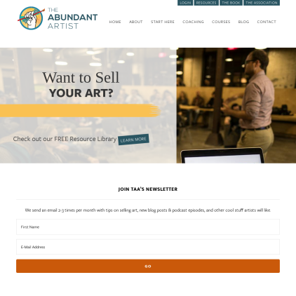 A detailed screenshot showcasing the homepage of theabundantartist.com, highlighting its main features and design elements.