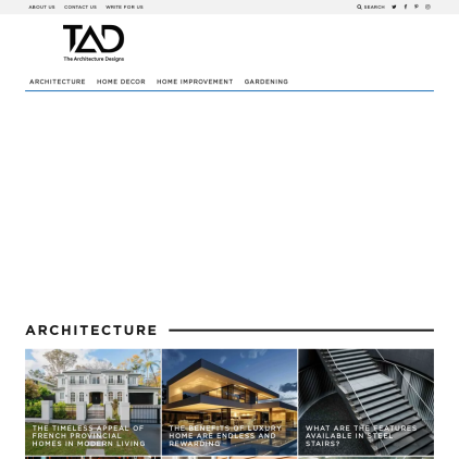 A detailed screenshot showcasing the homepage of thearchitecturedesigns.com, highlighting its main features and design elements.