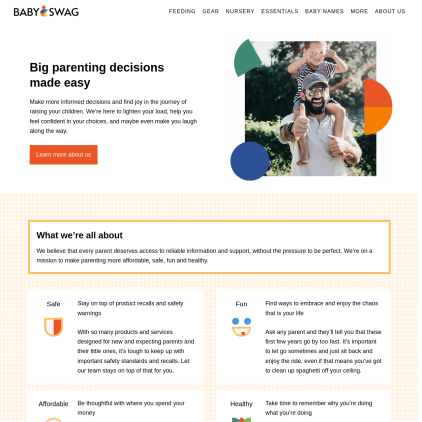 A detailed screenshot showcasing the homepage of thebabyswag.com, highlighting its main features and design elements.