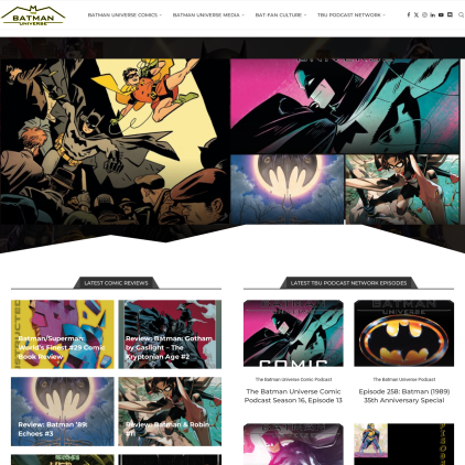 A detailed screenshot showcasing the homepage of thebatmanuniverse.net, highlighting its main features and design elements.