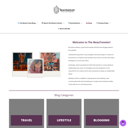 A detailed screenshot showcasing the homepage of thebeautraveler.com, highlighting its main features and design elements.